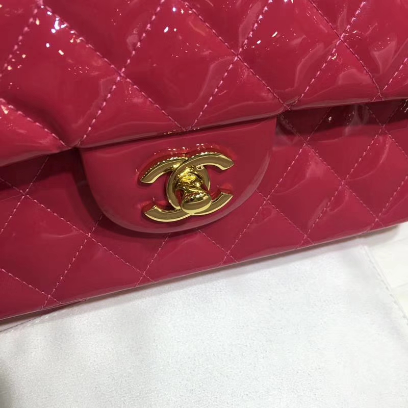 Chanel 香奈儿 Classic Flap Bag  进口漆皮 25cm 感受细节 感受工艺 玫红色 金扣