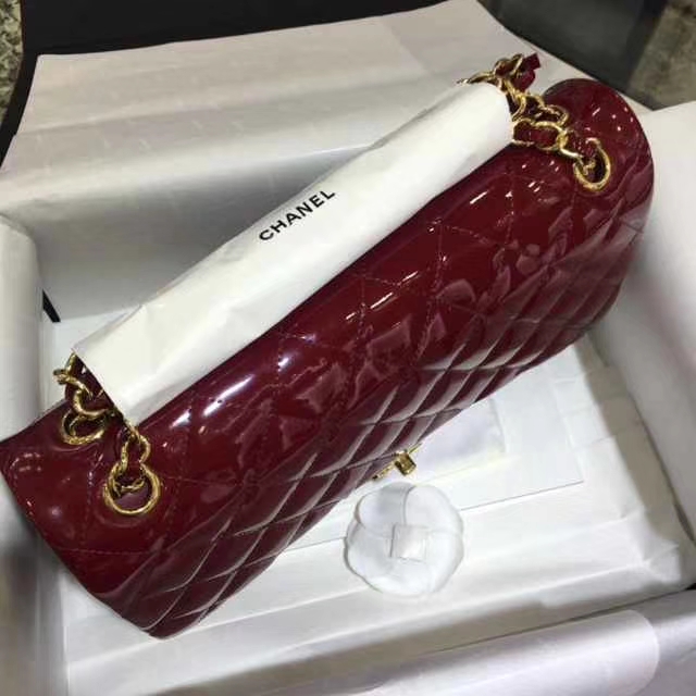 Chanel 香奈儿 Classic Flap Bag  进口漆皮 30cm 酒红色 金扣