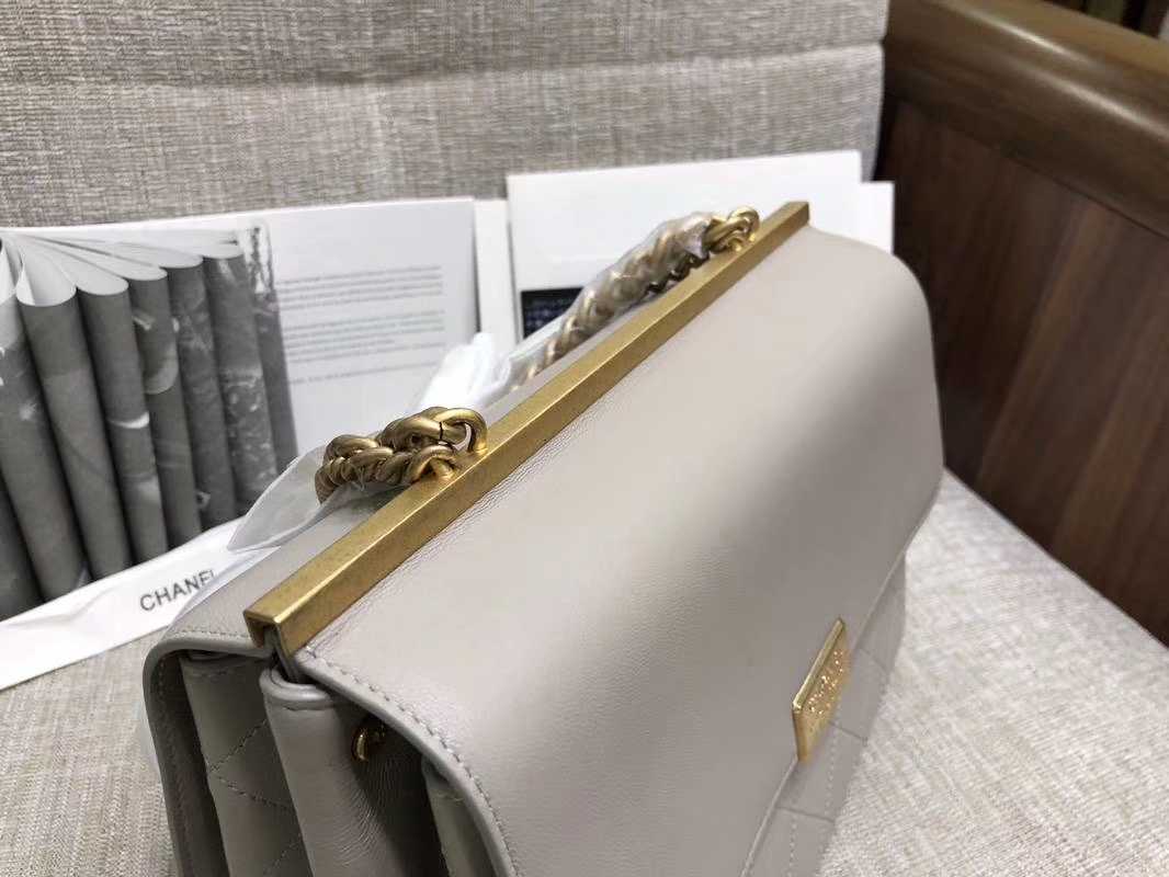 2018年新款口盖包 进口小羊皮 金色金属黄 大象灰 28cm
