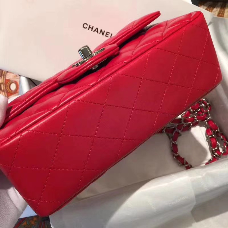 Chanel 香奈儿 CF 经典系列 小羊皮 大红色 20cm 银扣 现货