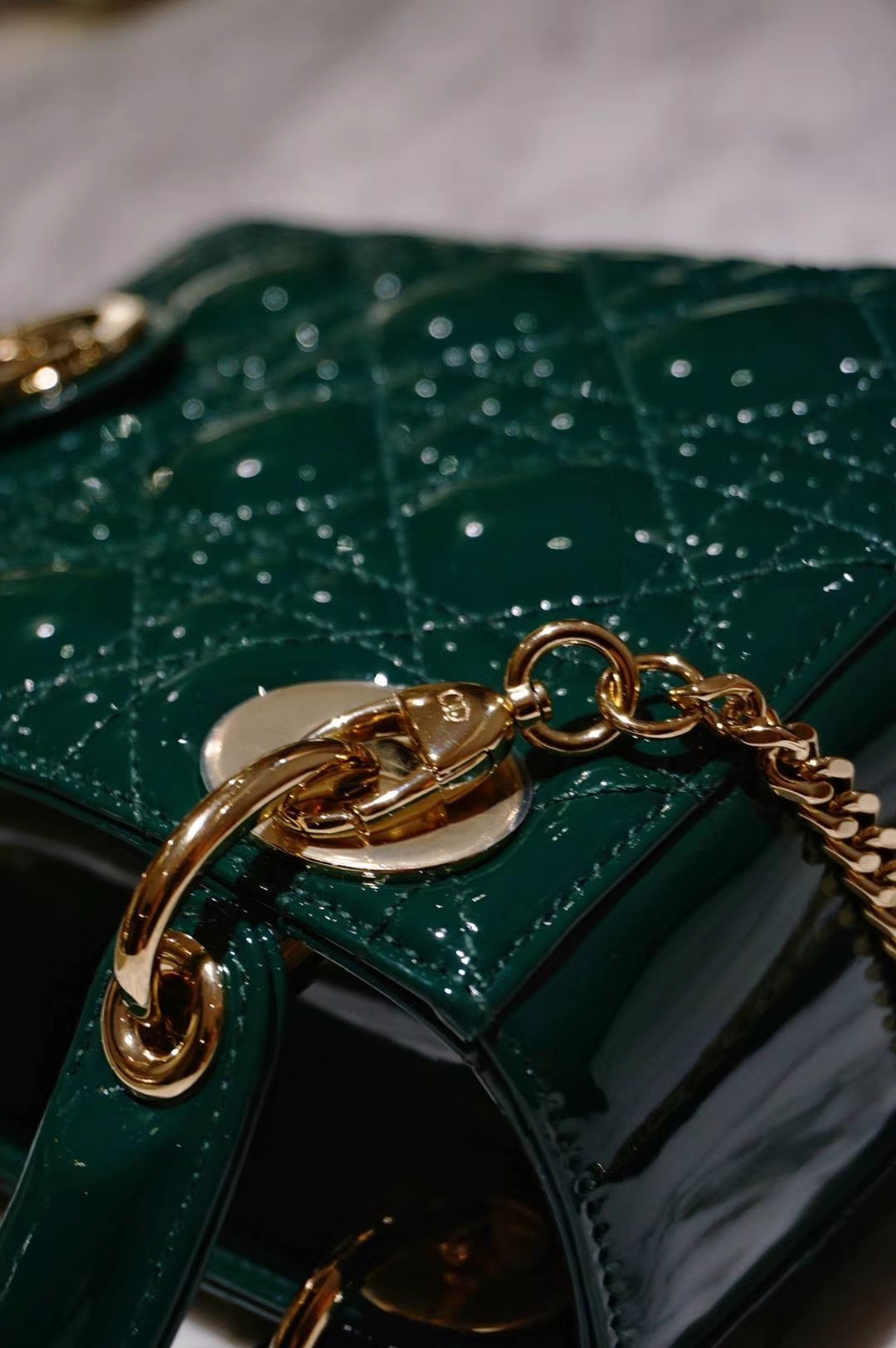 Dior 迪奥 三格16cm漆皮墨绿 戴妃包 单肩手提斜挎 金扣 