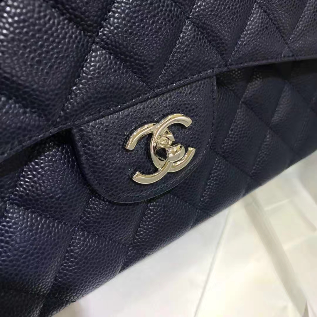 Chanel 香奈儿 Cf系列  30cm 原厂皮鱼子酱 海军蓝 银色五金
