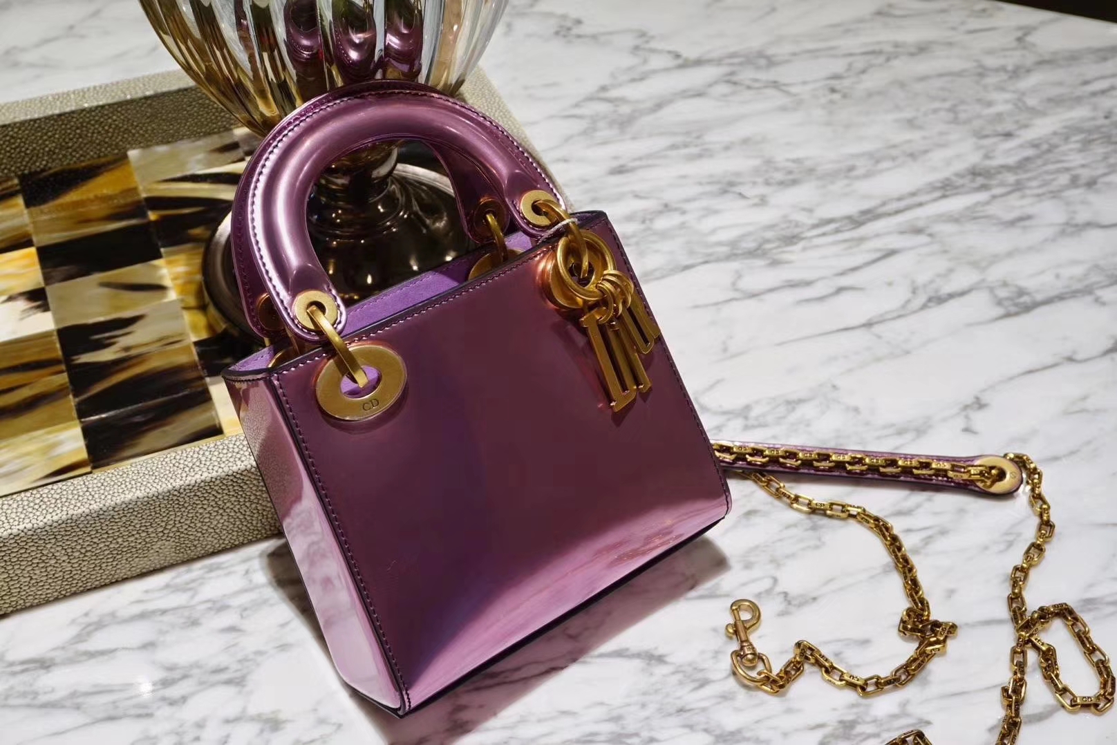 Dior mini 镜面皮 完美出品 金扣 蔷薇玫紫色