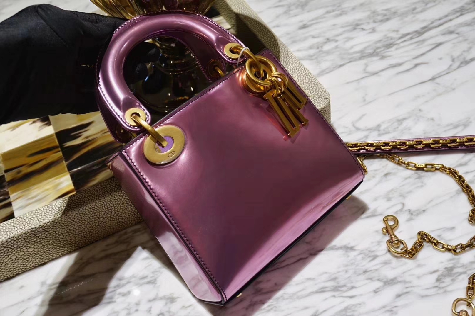 Dior mini 镜面皮 完美出品 金扣 蔷薇玫紫色
