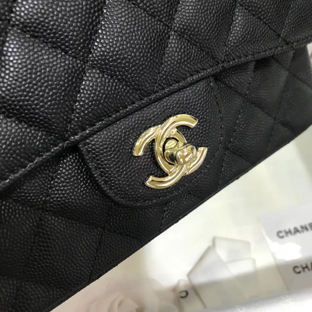 Chanel 香奈儿 CF经典系列  20cm 原厂皮小鱼子酱 黑色 香槟金