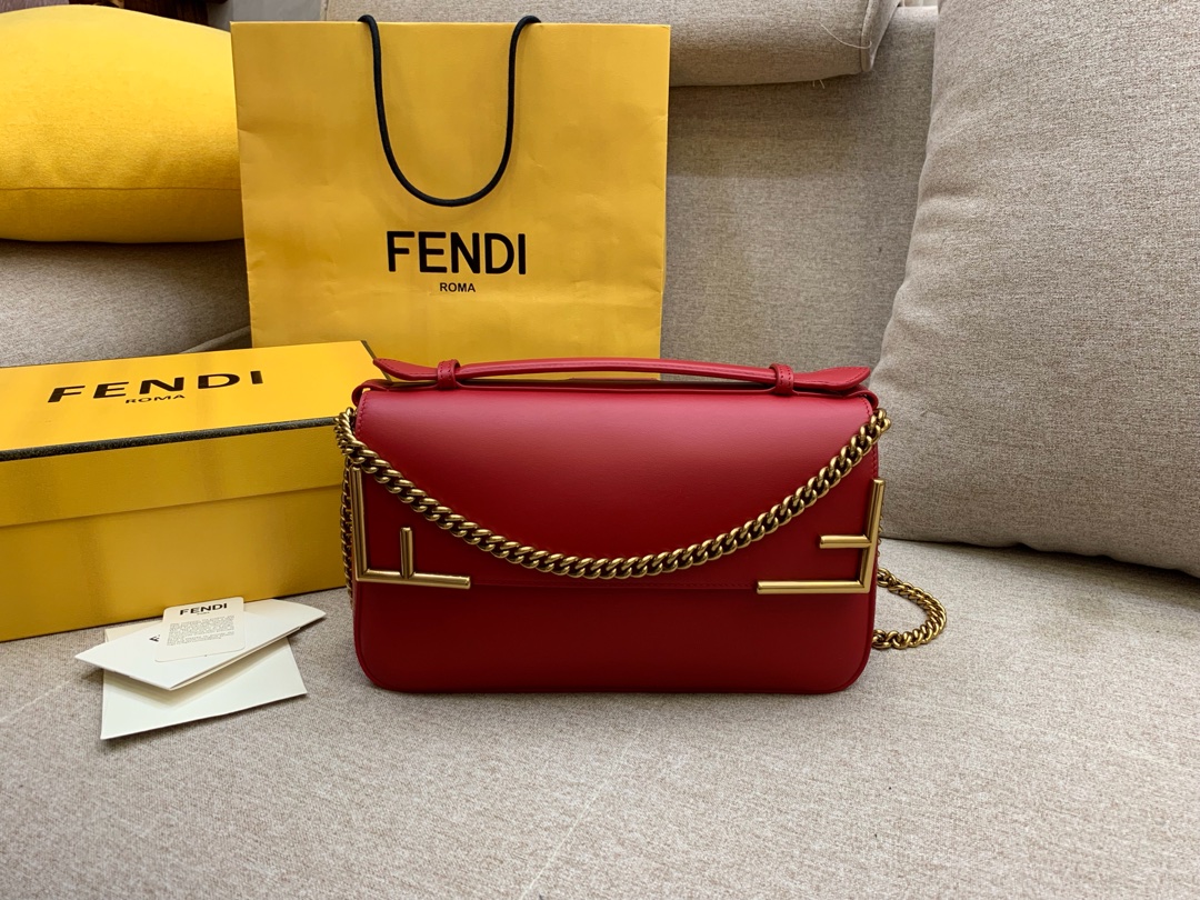 Fendi 芬迪现货 双面手提包 金属 F 图案 肩背斜跨手提 布压制对版面料 饰有棕色 FF 主题图 27x16x8cm