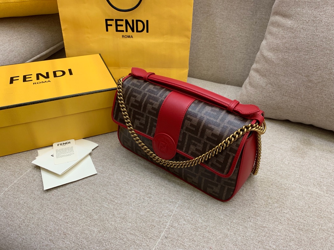 Fendi 芬迪现货 双面手提包 金属 F 图案 肩背斜跨手提 布压制对版面料 饰有棕色 FF 主题图 27x16x8cm