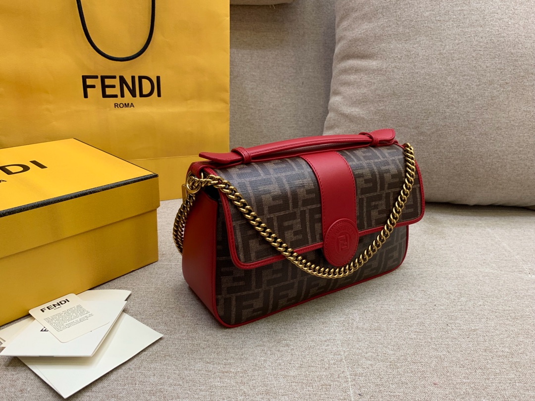 Fendi 芬迪现货 双面手提包 金属 F 图案 肩背斜跨手提 布压制对版面料 饰有棕色 FF 主题图 27x16x8cm