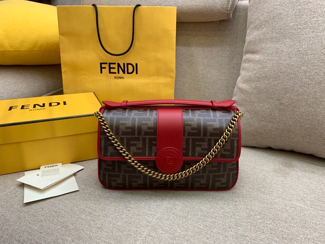 Fendi 芬迪现货 双面手提包 金属 F 图案 肩背斜跨手提 布压制对版面料 饰有棕色 FF 主题图 27x16x8cm