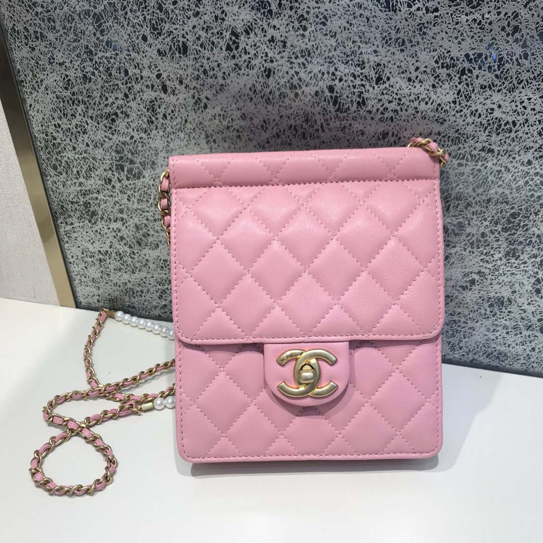Chanel 香奈儿 新款链条珍珠包小号 进口小羊皮 粉色 沙金