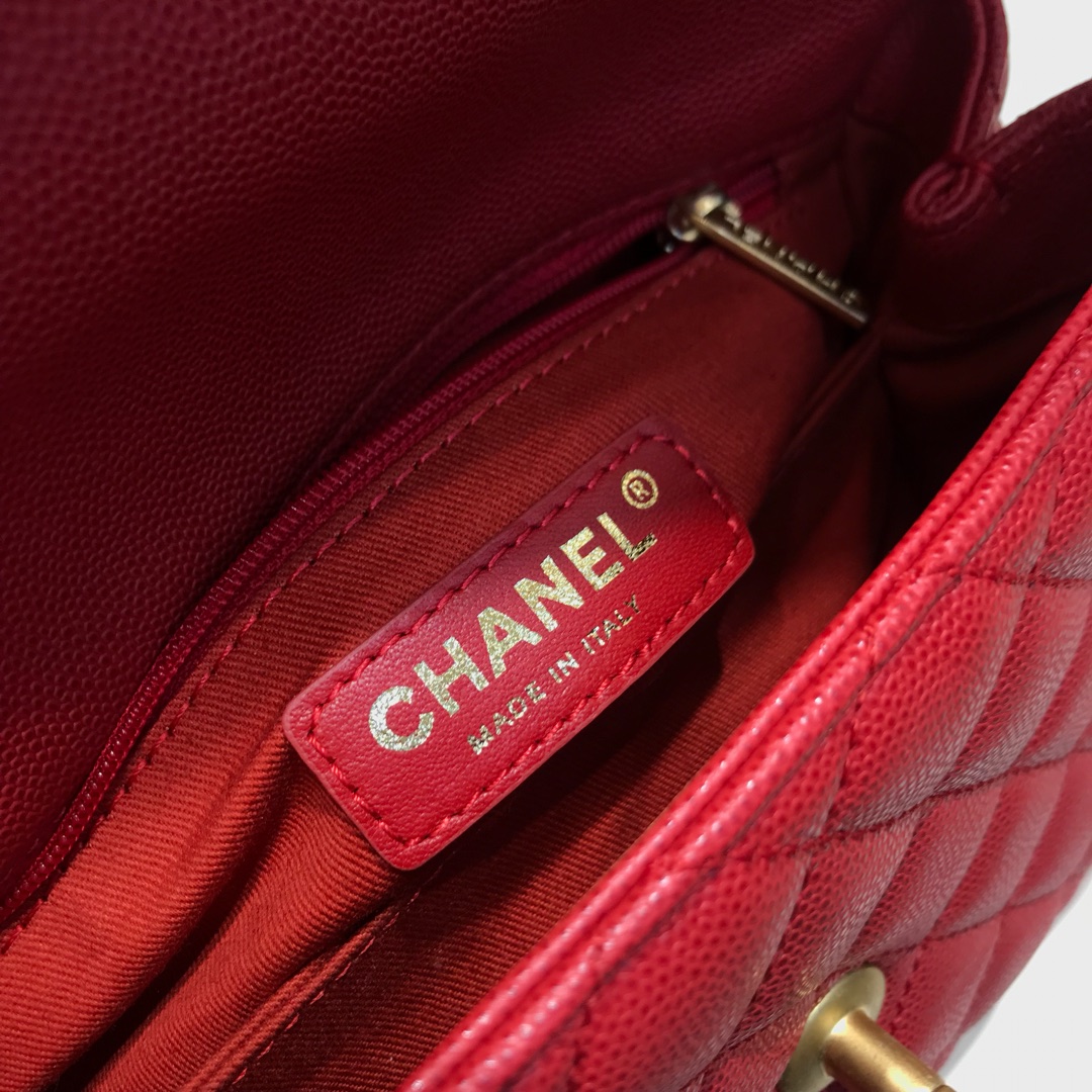 Chanel 香奈儿 CoCo Handle 顶级代购版 23cm 原厂小牛皮 球纹手柄 红色 沙金