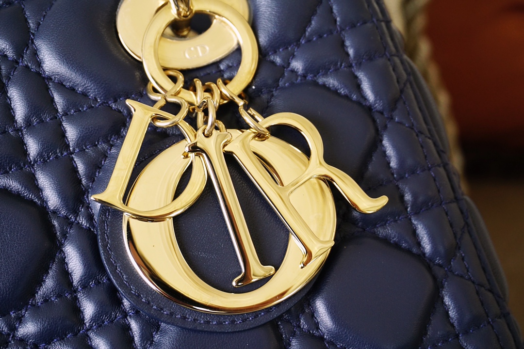 Dior 迪奥 戴妃包 Lady Dior 五格 24cm 羊皮 海军蓝 金扣