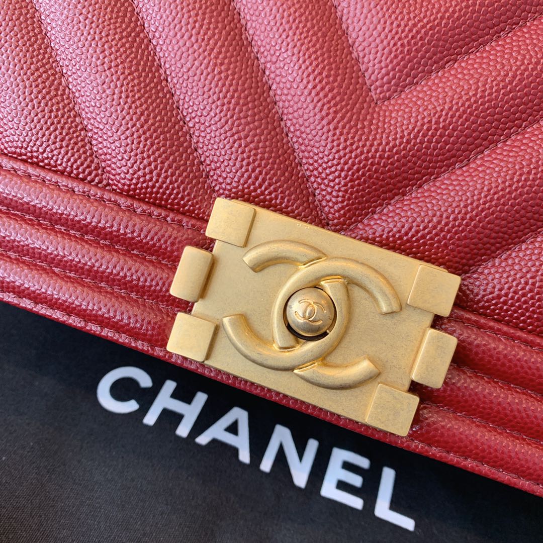 Chanel 法国原厂Haas小球纹鱼子酱牛皮 leboy 经典V格 25cm 枣红色