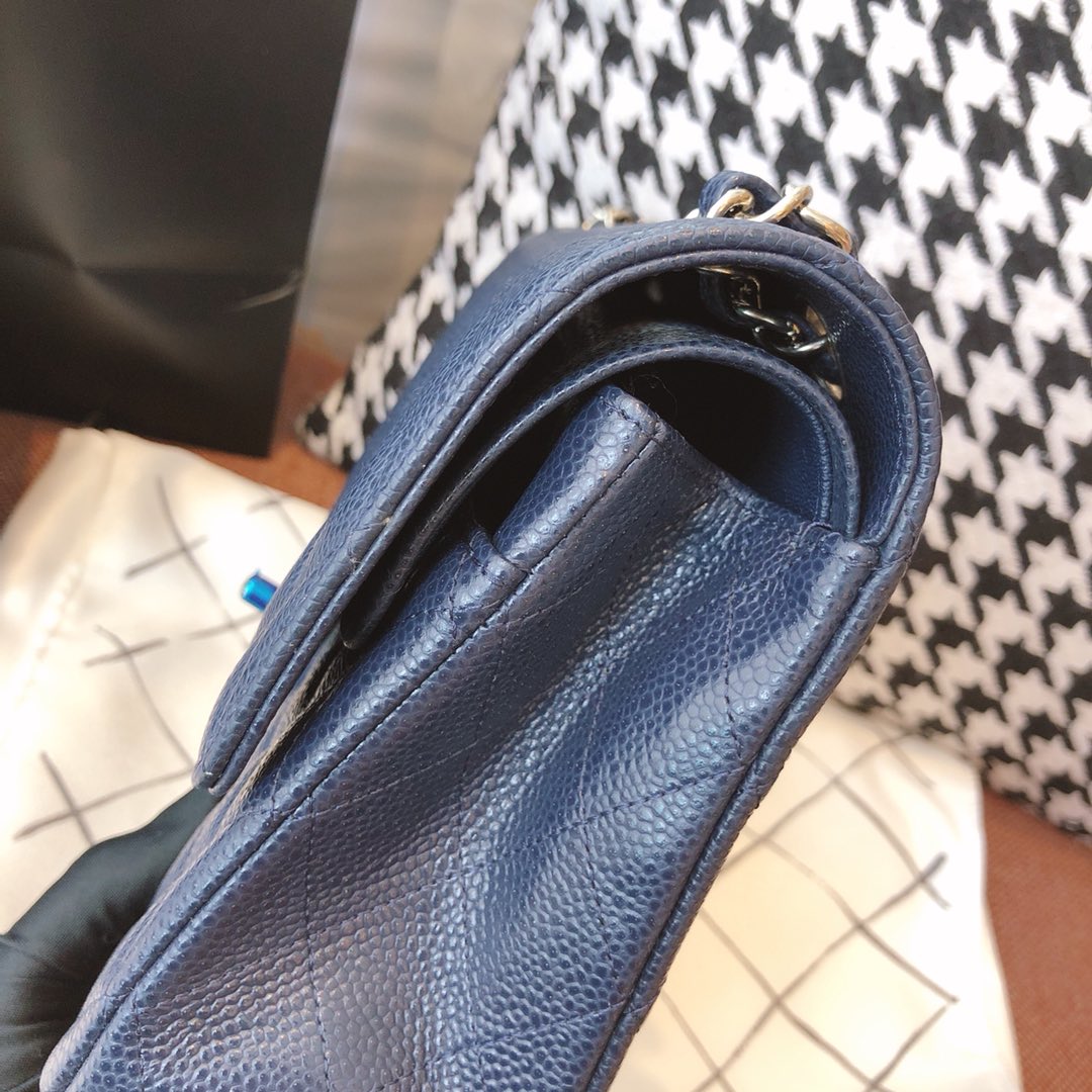 【正品级】海军蓝 银扣 Chanel CF 法国原厂Haas球纹鱼子酱牛皮 25cm ～原厂皮