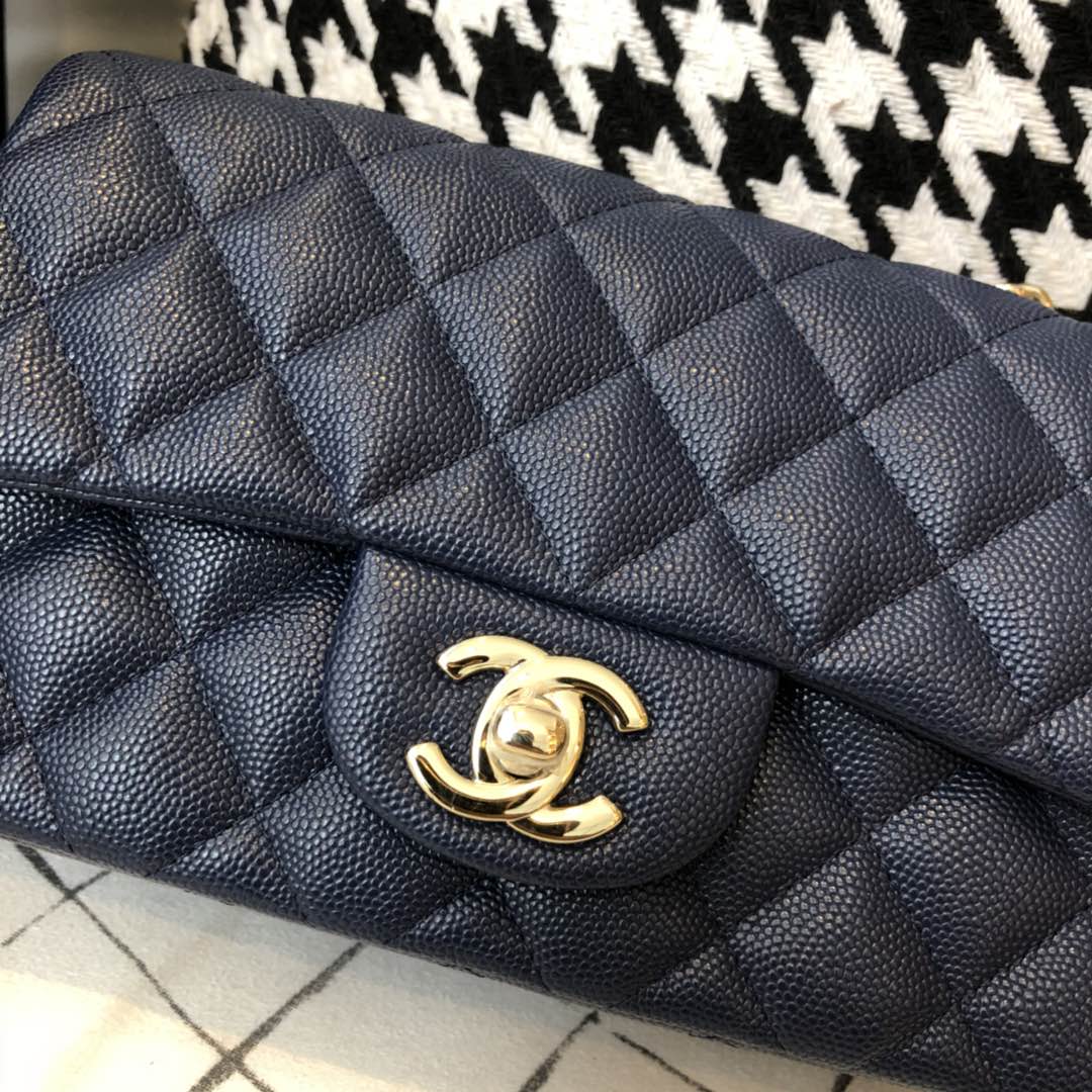 【正品级】 Chanel CF 法国原厂Haas球纹小鱼子酱牛皮 20cm 海军蓝—香金扣