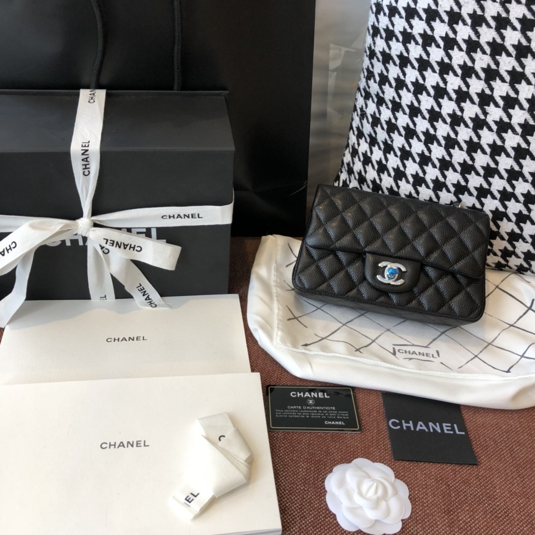 【正品级】 Chanel CF 法国原厂Haas球纹鱼子酱牛皮 20cm 原厂皮 黑色—银扣