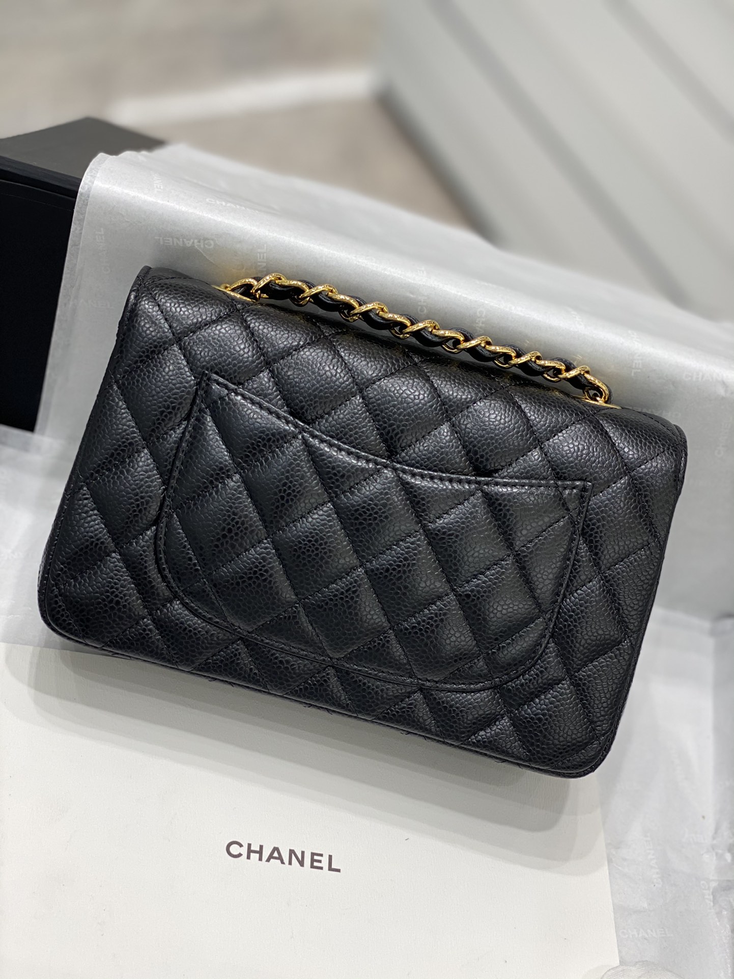 现货 真品级 Chanel CF 20→（盖头车线版）  黑色金扣  法国原厂Haas球纹鱼子酱牛皮 20cm