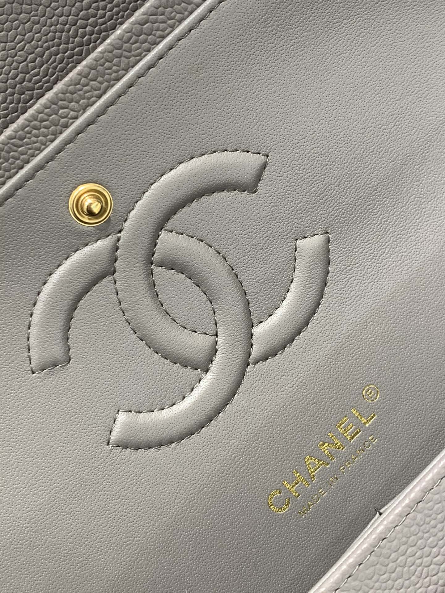 Chanel CF 25cm 新颜色️大象灰+亮金扣 法国原厂Haas球纹鱼子酱牛皮 中号25cm