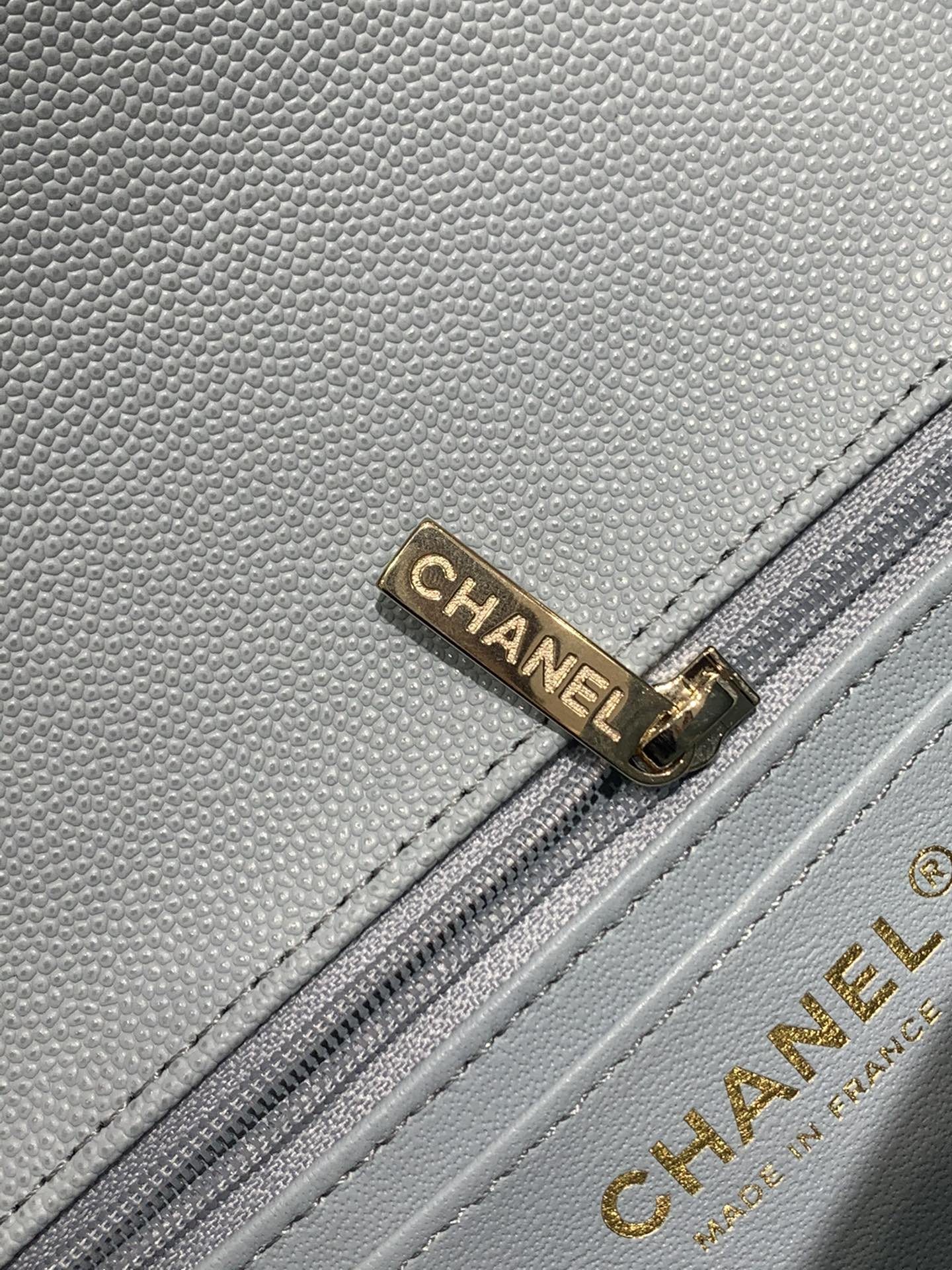 【真品级】Chanel CF 20  灰蓝小球纹搭配浅金扣  法国原厂Haas球纹鱼子酱牛皮