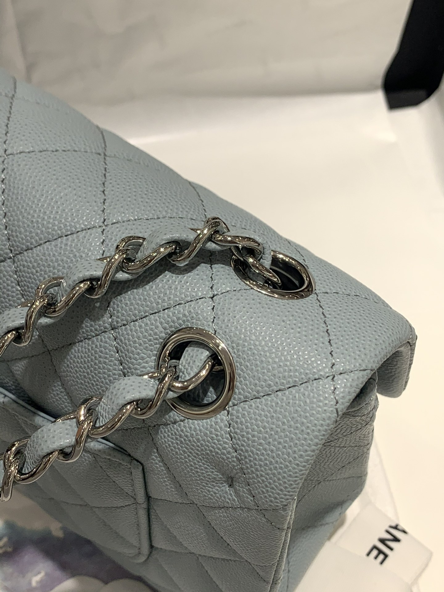 【真品级】Chanel CF 23cm 小号 灰蓝小球纹搭配银扣  法国原厂Haas球纹鱼子酱牛皮