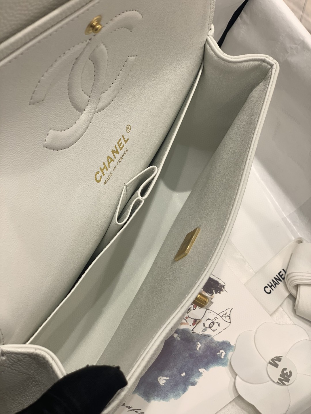 升级版带芯片【真品级】Chanel CF 25  白色 亮金扣 法国原厂Haas球纹鱼子酱牛皮 25cm