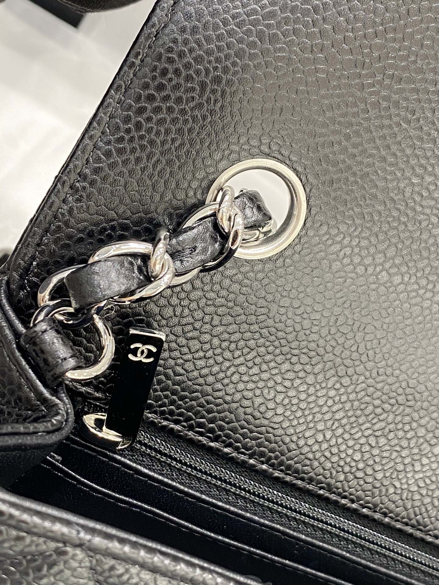 【真品级】Chanel CF 20→（盖头车线版）  黑色银扣  法国原厂Haas球纹鱼子酱牛皮 20