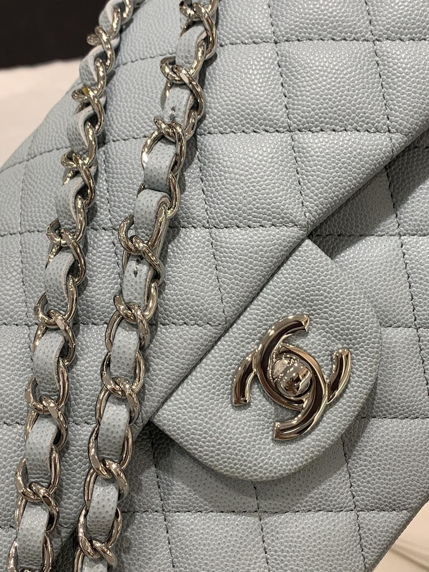 【真品级】Chanel CF 23cm 小号 灰蓝小球纹搭配银扣  法国原厂Haas球纹鱼子酱牛皮