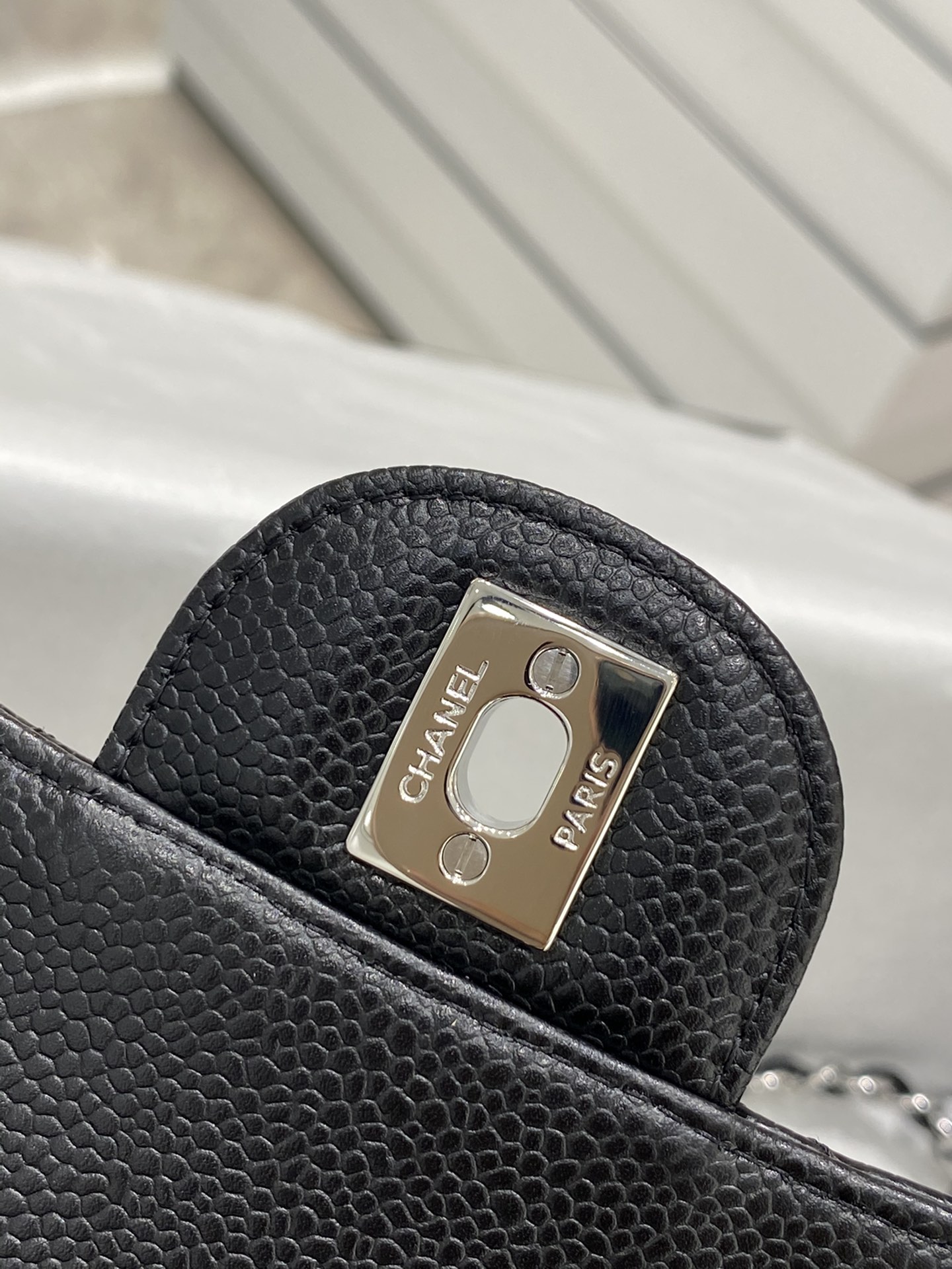 【真品级】Chanel CF 20→（盖头车线版）  黑色银扣  法国原厂Haas球纹鱼子酱牛皮 20
