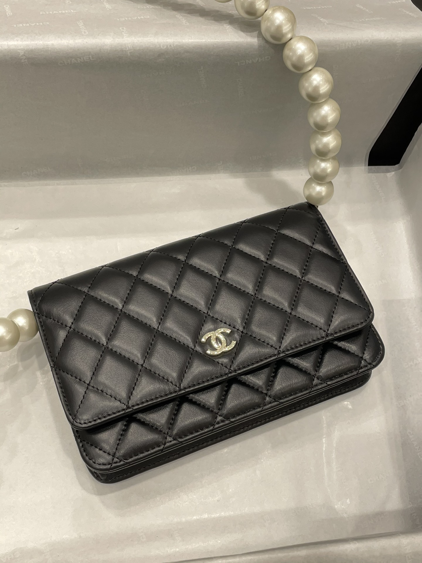 Chanel woc 珍珠发财包 小菱格珍珠链条包 大颗珍珠做成肩带 菱格纹 19cm
