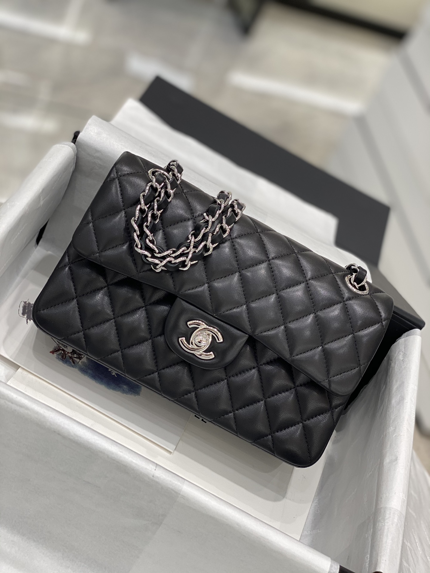 【真品级】Chanel CF 23 原厂bodin joyeux羔羊皮 经典永远百搭 黑色～银扣