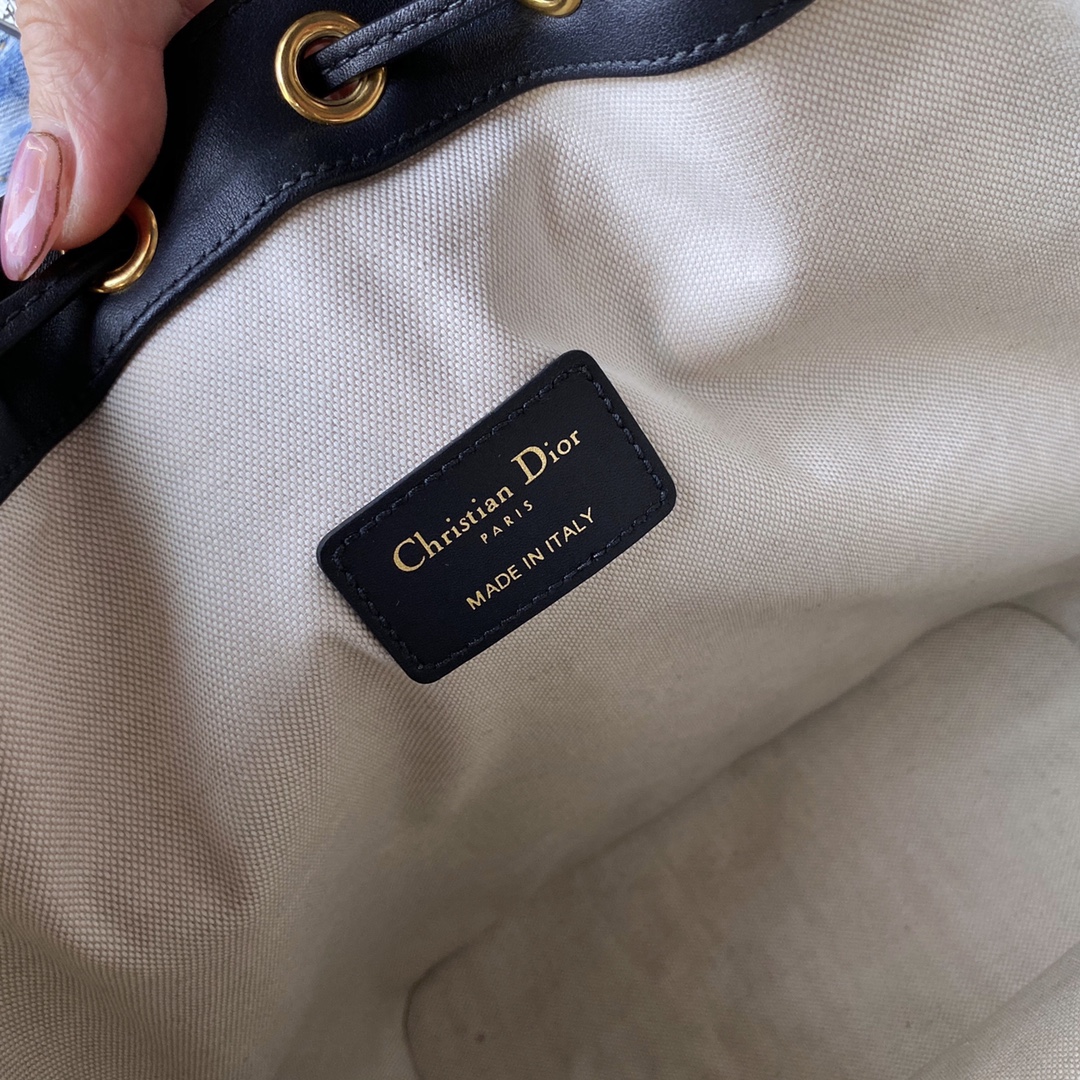 DIOR Oblique帆布刺绣 水桶包/21.5cm CD金属链条肩带彰显现代优雅感