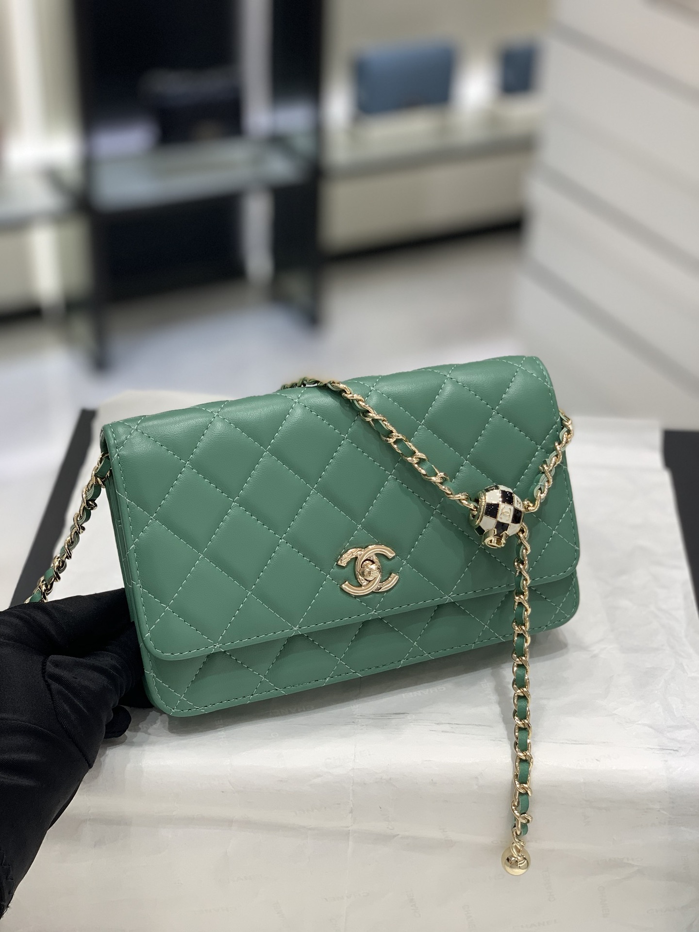 Chanel Chevron Green Caviar Leather WOC Bag  STYLISHTOP