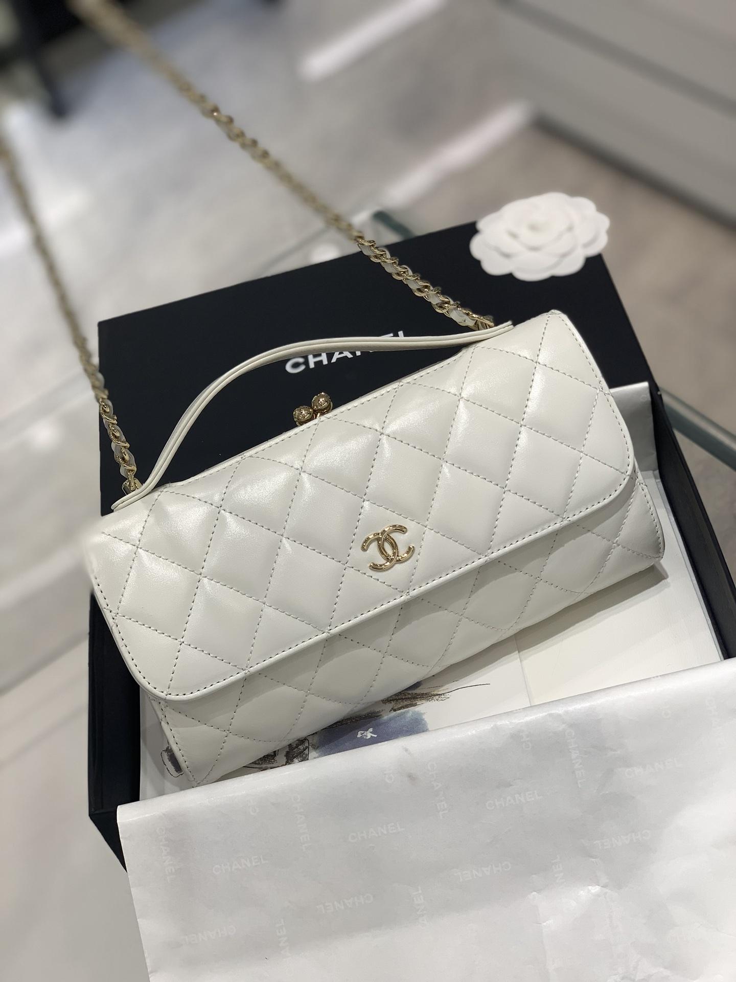 Chanel 22S Lambskin Chanel 19 Flap Bag Crossbody Bag Small White in Lambskin Leather with Silvertone US #25 Chanel 22S Lambskin Chanel 19 Flap Bag Crossbody Bag Small White in Lambskin Leather with Silvertone US