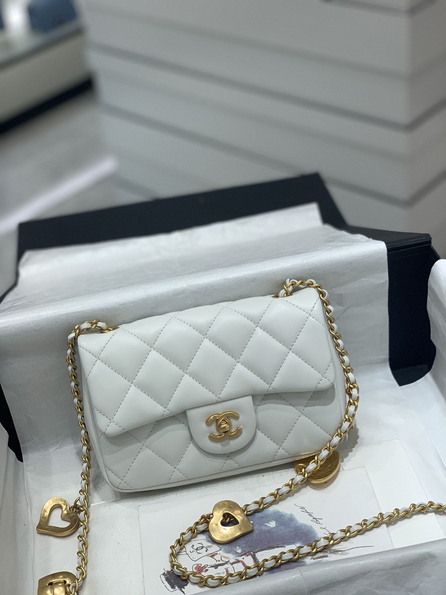 NWT 22C CHANEL Mini Square White Pearl Crush Gold Ball Flap Bag GHW  Receipt  eBay